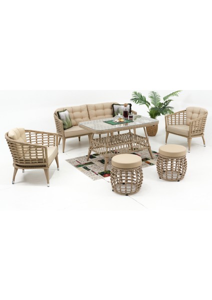 Linda Rattan Bahçe Balkon Oturma Grubu (3+1+1+MASA+2 PUF)