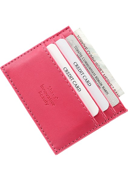 Fuşya SHK68 Unisex Suni Deri Süper Ince Model Kağıt Para Bölmeli Kredi Kartı ve Kartvizitlik Kartlık Cüzdan