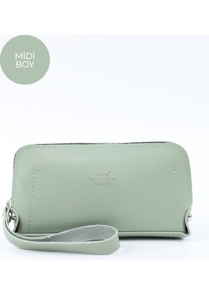Mint Yeşil SHK222 Suni Deri, Fermuarlı ,4 Bölmeli ,askılı Telefon Cüzdanı ve El Çantası