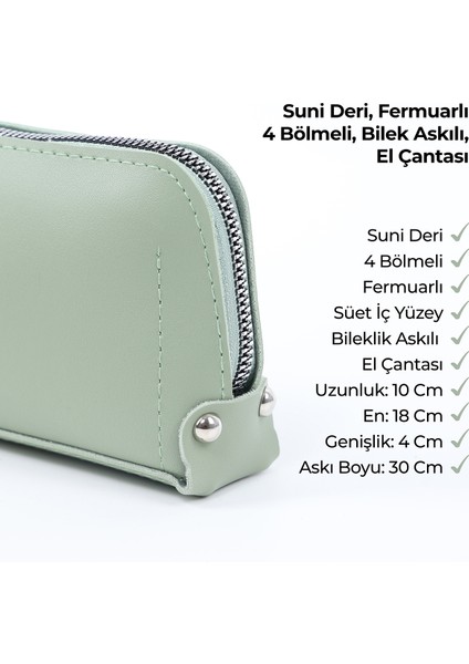 Mint Yeşil SHK222 Suni Deri, Fermuarlı ,4 Bölmeli ,askılı Telefon Cüzdanı ve El Çantası