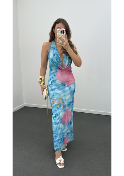 Ariel Degaje Yaka Sırt Dekolteli Maxi Elbise