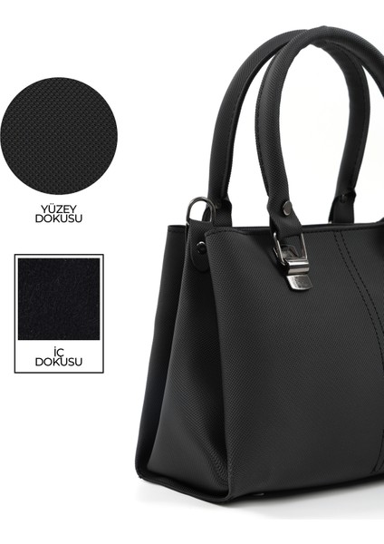 Siyah SHK243 Suni Deri Fermuarlı 3 Bölmeli Ayarlanabilir Askılı El, Kol ve Omuz Çantası