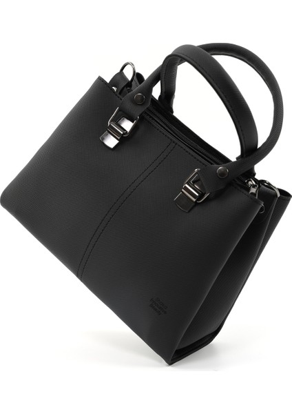 Siyah SHK243 Suni Deri Fermuarlı 3 Bölmeli Ayarlanabilir Askılı El, Kol ve Omuz Çantası