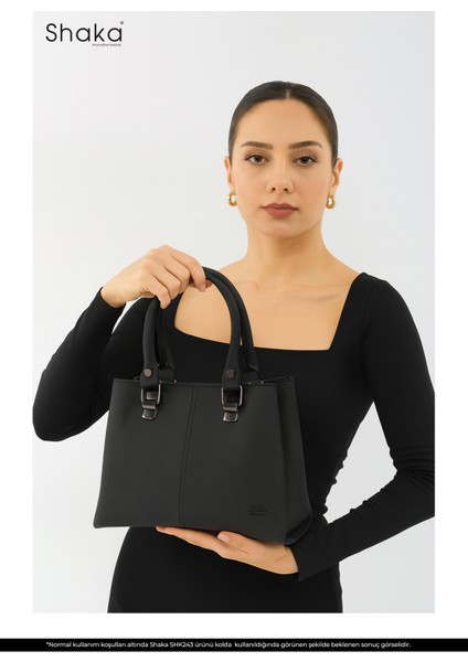 Siyah SHK243 Suni Deri Fermuarlı 3 Bölmeli Ayarlanabilir Askılı El, Kol ve Omuz Çantası