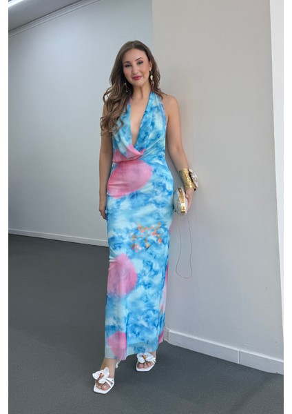 Ariel Degaje Yaka Sırt Dekolteli Maxi Elbise