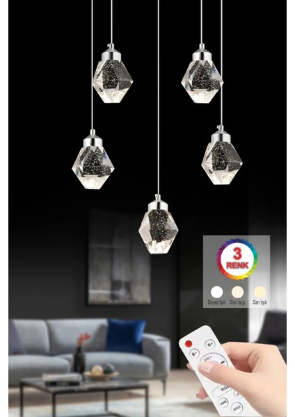 Istanbul Avize Kabarcıklı Liya 5'li Gümüş Kumandalı 3 Renk Ledli Modern LED Avize