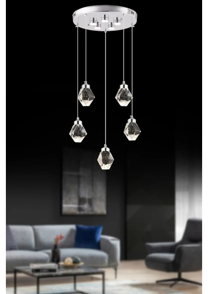 Istanbul Avize Kabarcıklı Liya 5'li Gümüş Kumandalı 3 Renk Ledli Modern LED Avize modelleri