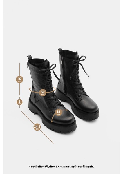 Kadın Hakiki Deri Postal Bot Kalın Tırtıklı Taban Fermuarlı Bağcıklı Günlük Bot Orben Siyah