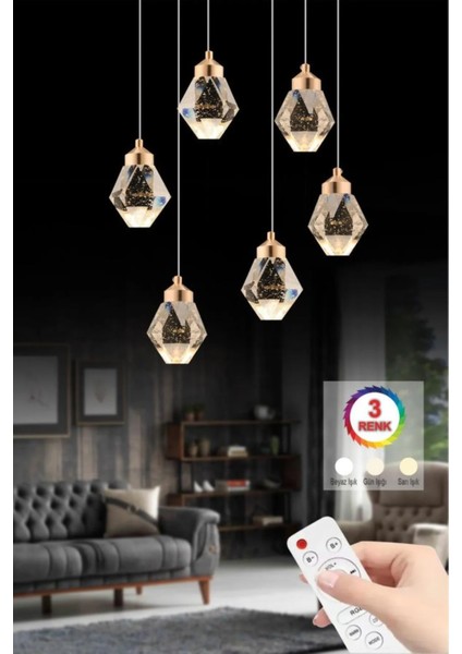 Istanbul Avize Kabarcıklı Liya 6'lı Gold Kumandalı Ledli Modern 3 Renk LED Avize