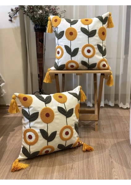 2'li Çiçekli Punch Işlemeli Nakışlı Dekoratif Premium Kırlent Kılıfı