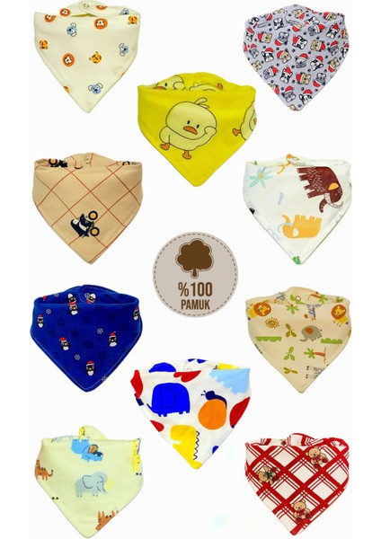 Bebek Kumaş Çift Katlı Sevimli Hayvanlar Fular Mama Önlüğü - Salya Önlüğü 10 Adet