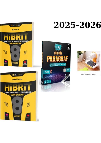 2025 8.sınıf Hibrit Matematik,fen ve Gün Gün Paragraf Soru Bankası 3lü Set Priz Telefon Tutucu Hediye