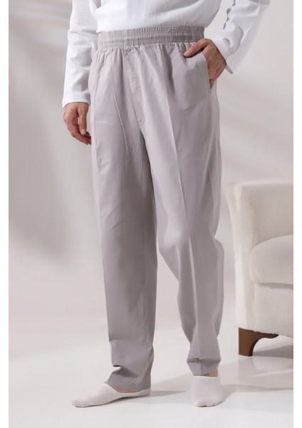 Erkek Koyu Gri Rahat Kesim Beli Lastikli Keten Hac ve Umre Şalvar Pantolon