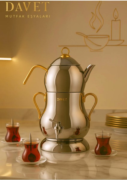 Davet Paslanmaz Çelik Elektrikli Semaver 2 Litre Demlik 4 Litre Su Kapasitesi ile Şık Tasarım