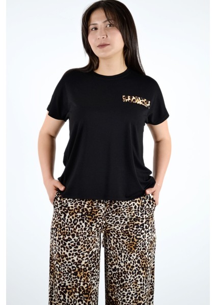 Leopar Desen Detaylı Kısa Kol Tişört - Siyah