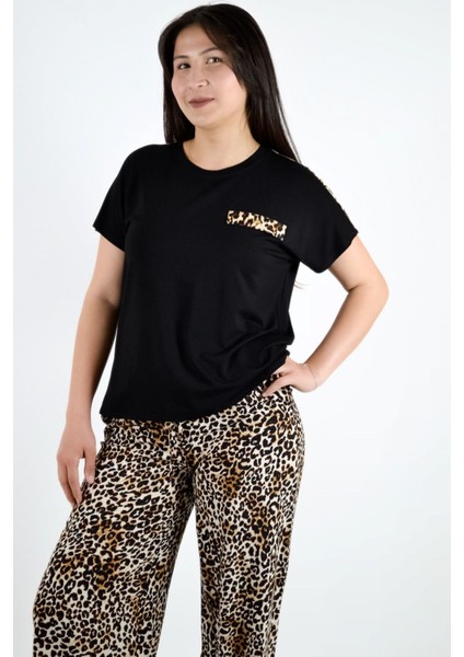 Leopar Desen Detaylı Kısa Kol Tişört - Siyah modelleri