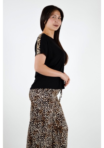 Leopar Desen Detaylı Kısa Kol Tişört - Siyah fırsatları