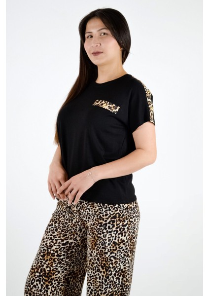 Leopar Desen Detaylı Kısa Kol Tişört - Siyah indirimleri