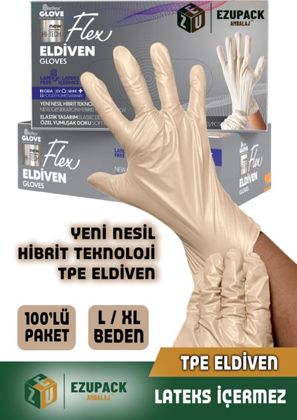 L Beden Glove Flex Tpe 100'LÜ Gıda Muayene Pudrasız Medikal Temizlik Mutfak (Lateks Nitril Içermez)