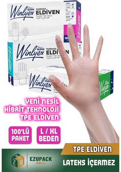 L Beden Winlyex 100'LÜ Gıda Muayene Pudrasız Medikal Temizlik Mutfak Saç Boyama Eldiveni