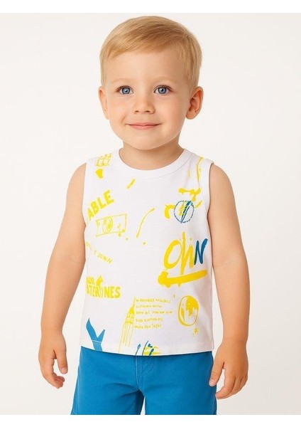 Erkek Bebek Pamuklu Renkli Yazı Baskılı Kolsuz T-Shirt modelleri