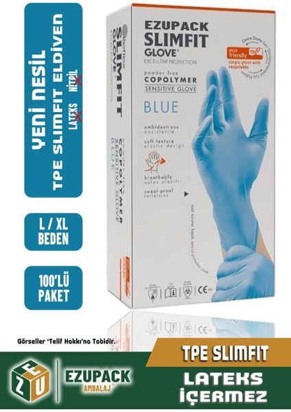 L Size Slimfit Glove Tpe Terletmez Gıda Muayene Pudrasız Medikal Temizlik Mutfak(Lateks Nitril Yok)