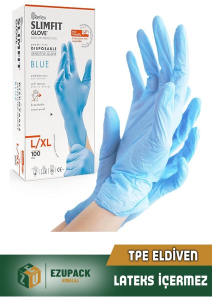 L Size Slimfit Glove Tpe Terletmez Gıda Muayene Pudrasız Medikal Temizlik Mutfak(Lateks Nitril Yok)