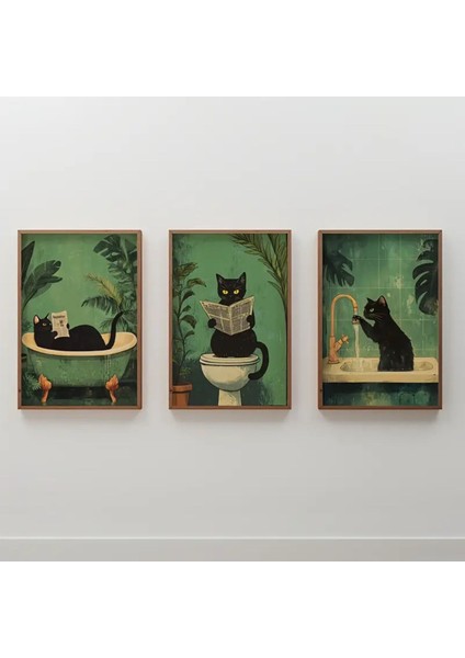 Modern Tarzda Yeşil Kedili 3'lü Dekoratif Tablo Seti
