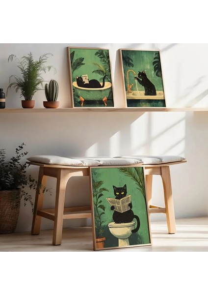 Modern Tarzda Yeşil Kedili 3'lü Dekoratif Tablo Seti fiyatları