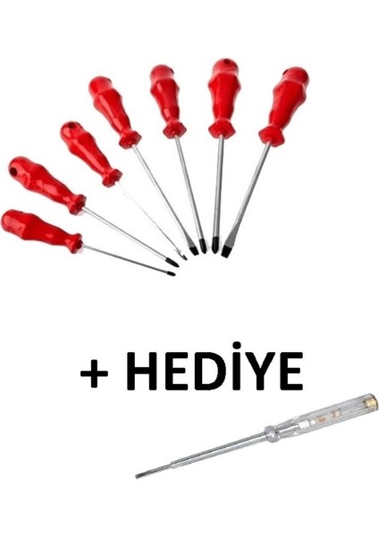 Mıknatıslı Düz ve Yıldız Tornavida Seti 7 Adet + 1 Kontrol Kalemi Hediye