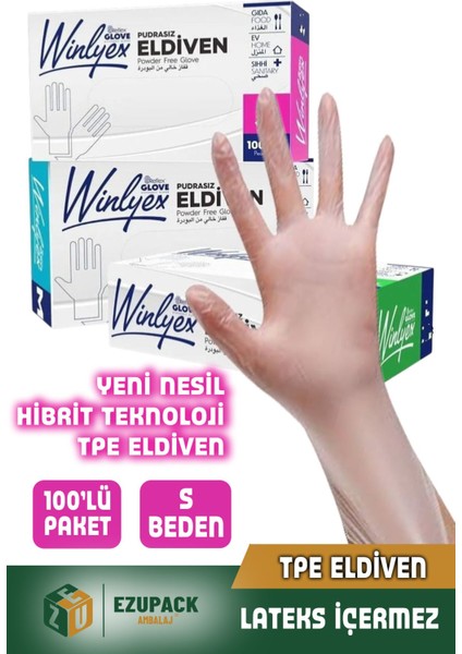 S Beden Winlyex 100'LÜ Gıda Muayene Pudrasız Medikal Temizlik Mutfak Saç Boyama Eldiveni