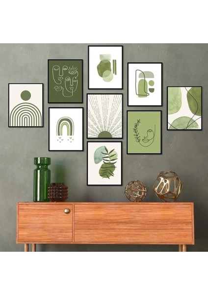 9 Parça Yeşil Desenli Çerçevesiz Duvar Dekoru Seti, Çok Renkli, Salon, Yatak Odası, Mutfak