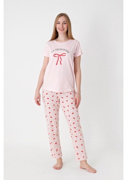 Somon Renkli Kısa Kollu Altı Uzun Pijama Takımı %100 Pamuk