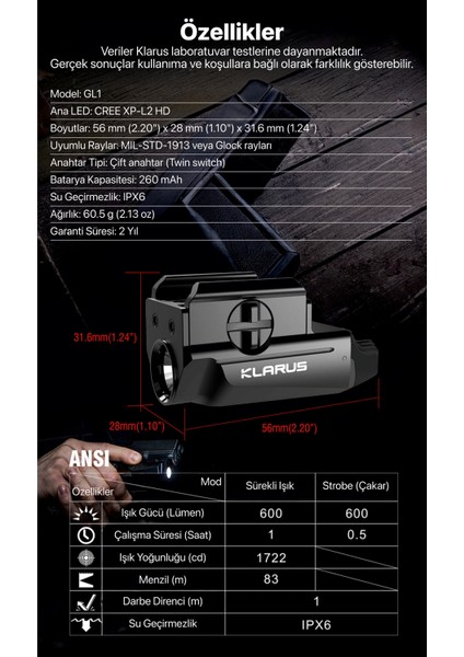 Gl1 Mikro USB Şarjlı Kompakt Taktik Tabanca Feneri