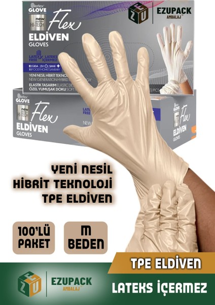 M Beden Glove Flex Tpe 100'LÜ Gıda Muayene Pudrasız Medikal Temizlik Mutfak (Lateks Nitril Içermez)