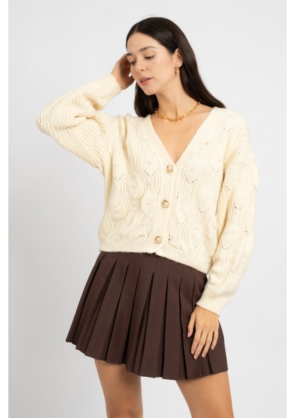 Rtd&vld Kadın Vita S142 Kaju Incili Gold Düğmeli Triko Hırka Ekru fırsatları