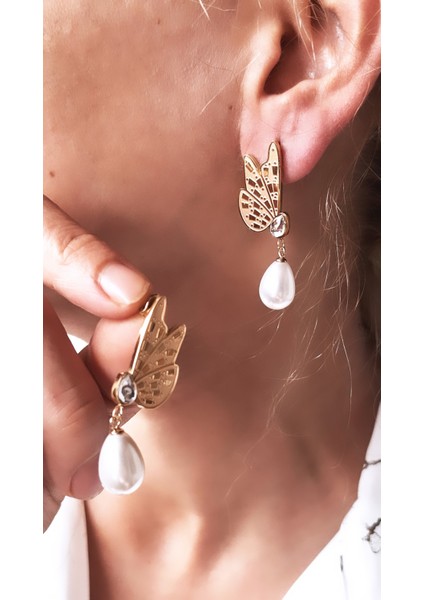 Kanat Figürlü Incili Gold Çelik Küpe fiyatları