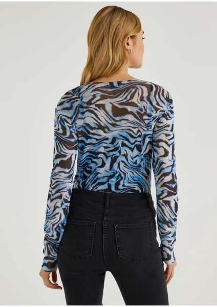 Moda Kadın Desenli Transparan Tül Body | Uzun Kollu Esnek Ince Fit | Leopar & Zebra Desen - Yazlık Şık Üst indirimleri