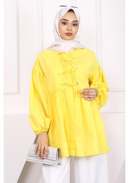 Koyu Sarı Kol Lastikli Ön Düğmeli Tunik