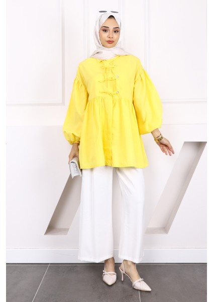 Koyu Sarı Kol Lastikli Ön Düğmeli Tunik fiyatları