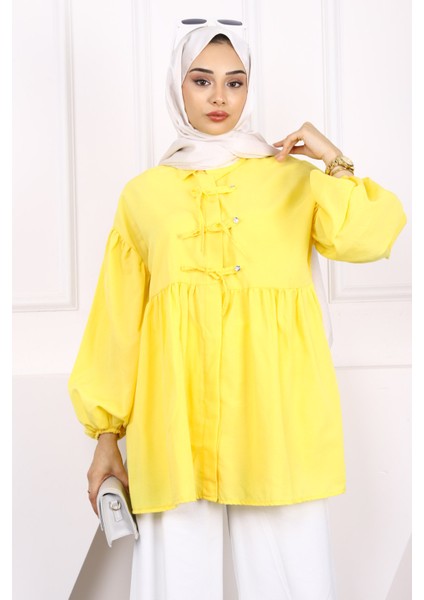 Koyu Sarı Kol Lastikli Ön Düğmeli Tunik modelleri