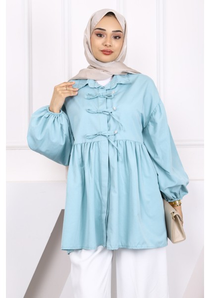 Mint Yeşili Kol Lastikli Ön Düğmeli Tunik