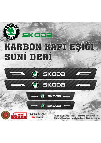 Skoda Uyumlu Deri Karbon Kapı Eşiği Koruyucu Bant 4 Adet