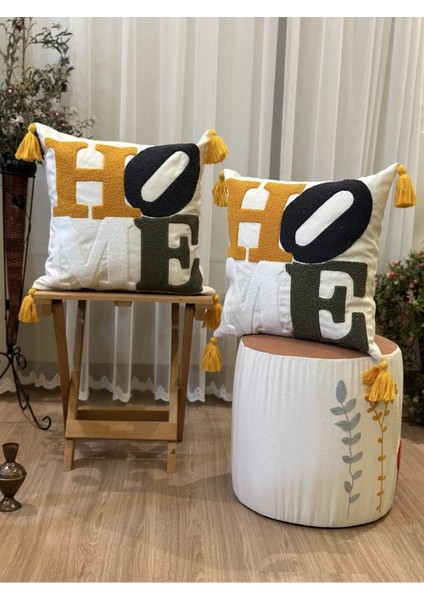 2'li Home Yazılı Punch Işlemeli Nakışlı Dekoratif Premium Kırlent Kılıfı