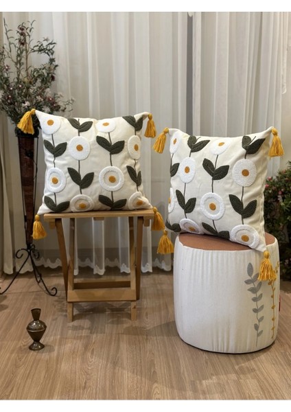 2'li Çiçekli Punch Işlemeli Nakışlı Dekoratif Premium Kırlent Kılıfı