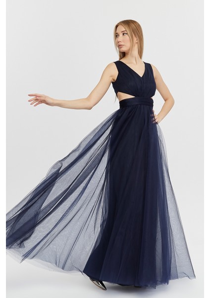 Kadın Abiye ve Mezuniyet Karina Hayal Tül Abiye Bel Kısmı Açık Detaylı Abiye Elbise