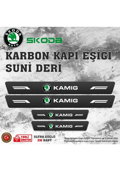 Skoda Kamıg Uyumlu Deri Karbon Kapı Eşiği Koruyucu Bant 4 Adet