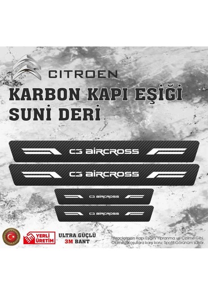C3 Aircross Uyumlu Deri Karbon Kapı Eşiği Koruyucu Bant 4 Adet