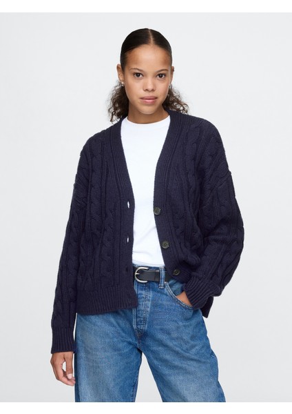 Kadın Lacivert Yün Karışımlı Cable Örgü Oversize Hırka