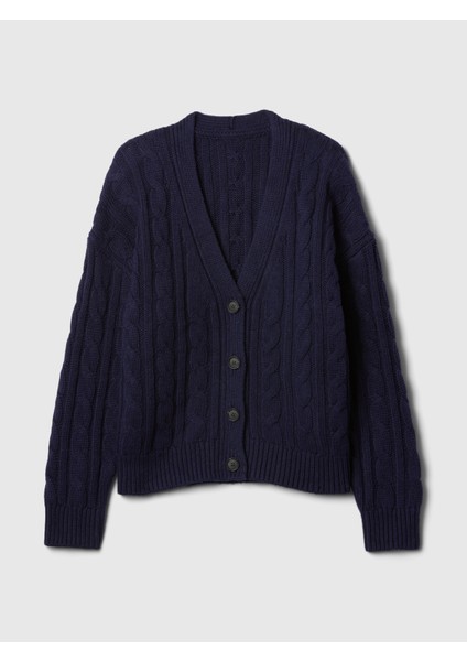 Kadın Lacivert Yün Karışımlı Cable Örgü Oversize Hırka fiyatları